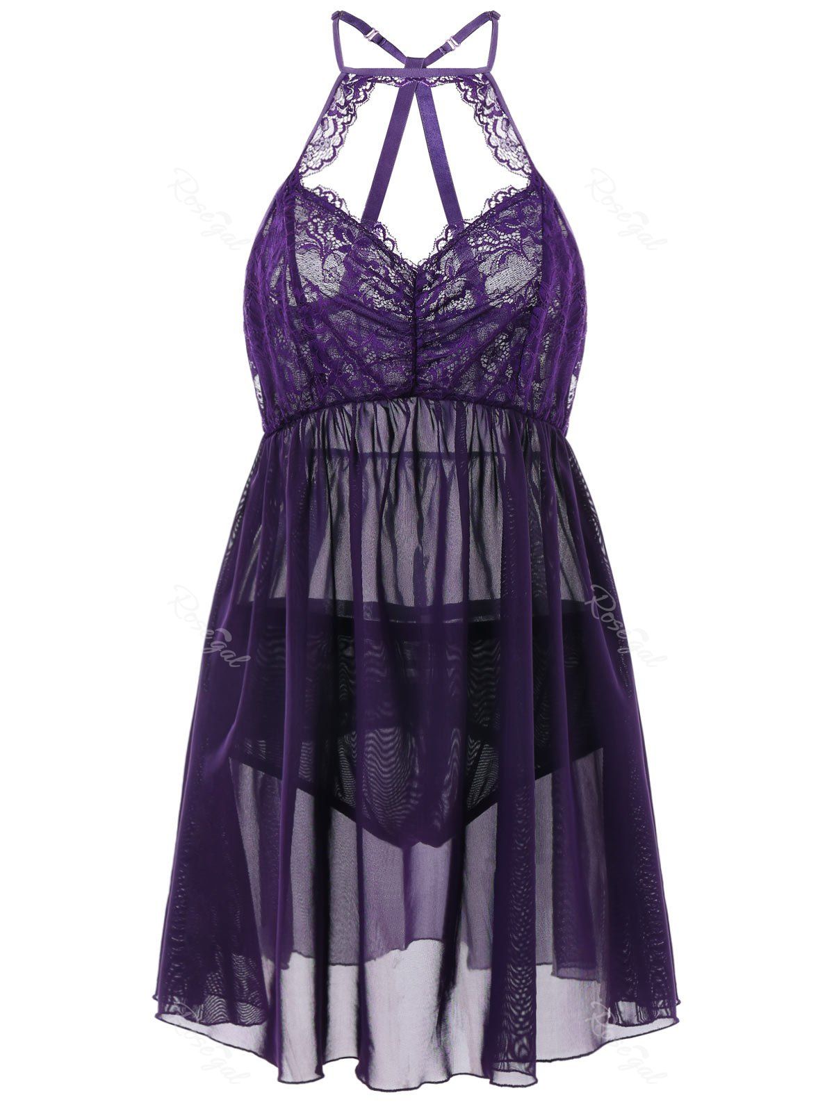 

Plus Size Sheer Cut Out Babydoll Set, Purple