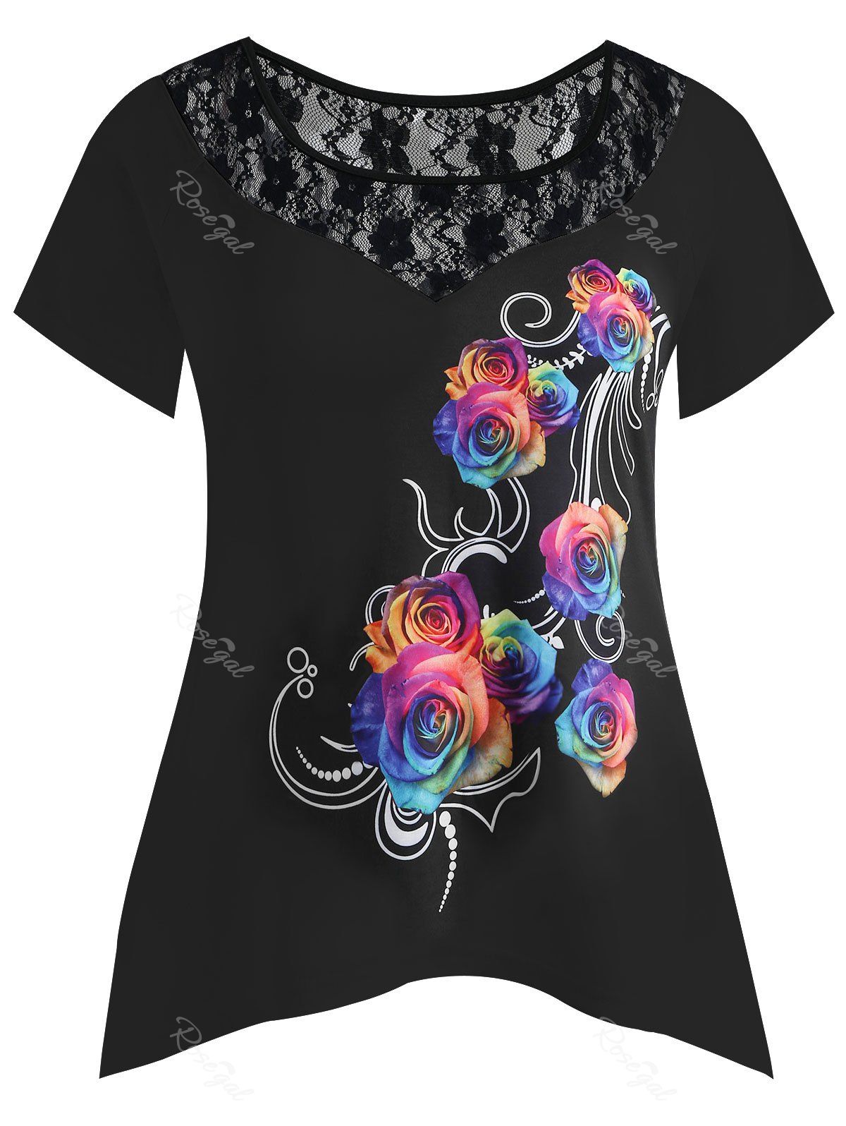 

Plus Size Lace Insert Rose T-shirt, Black
