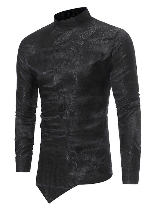 

Brocade Paisley Asymmetrical Hem Long Sleeve Shirt, Black