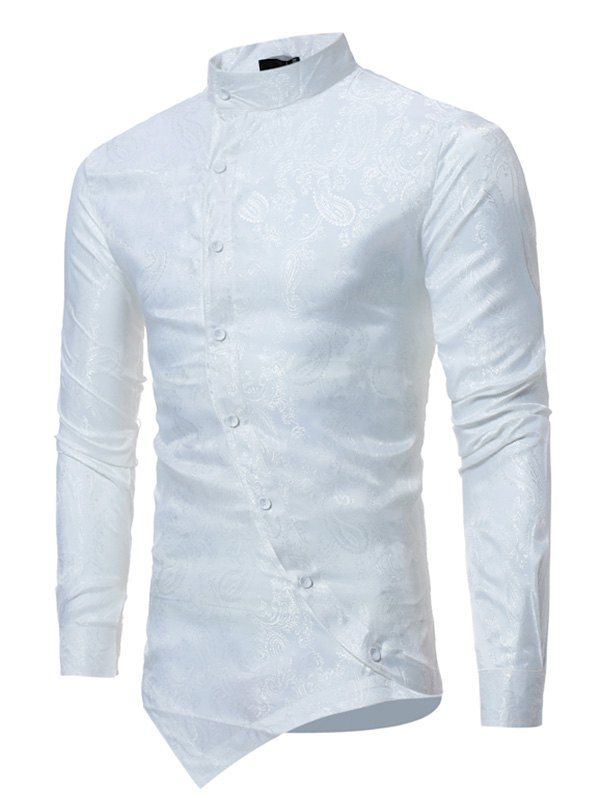 

Brocade Paisley Asymmetrical Hem Long Sleeve Shirt, White
