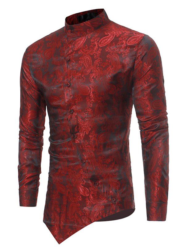 

Brocade Paisley Asymmetrical Hem Long Sleeve Shirt, Chestnut red