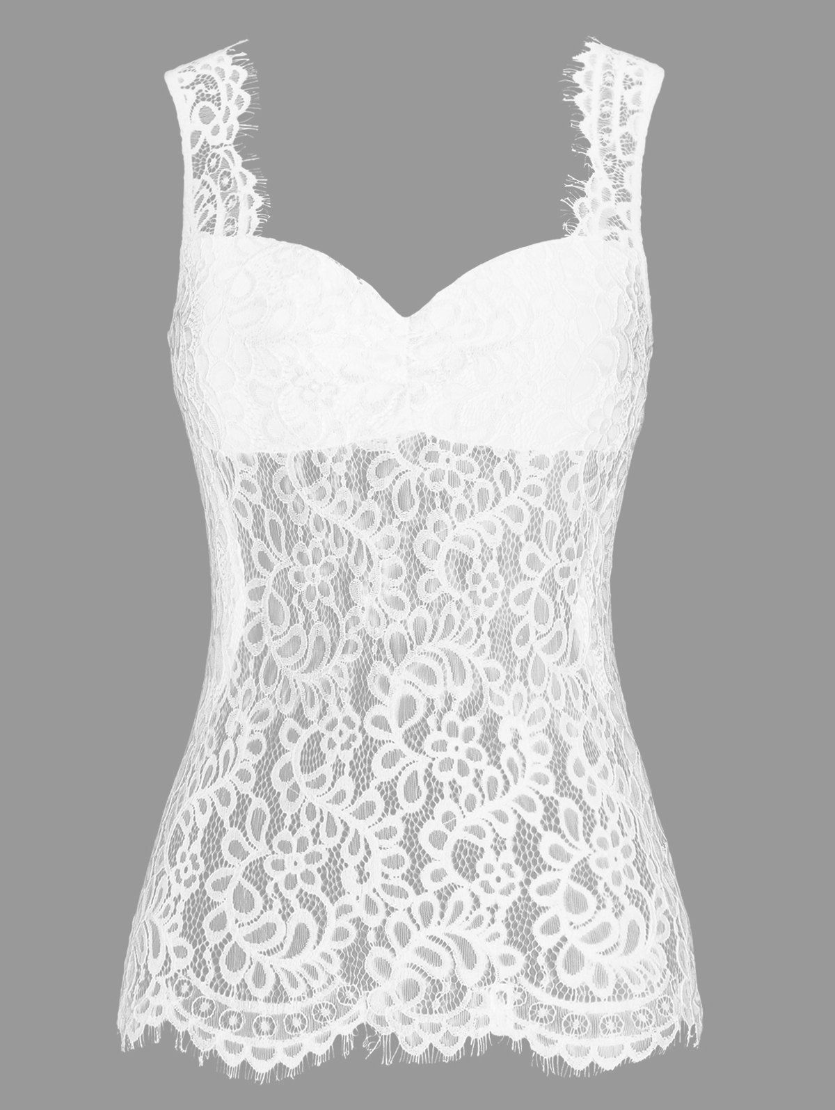 

See Thru Openwork Lace Panel Tank Top, White