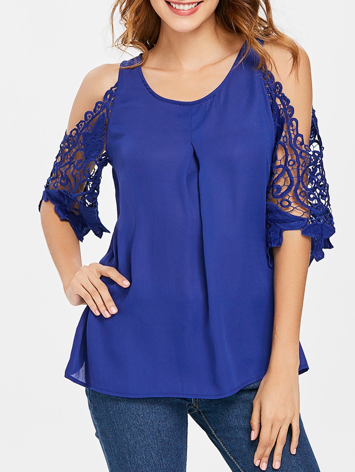 

Lace Panel Cold Shoulder Blouse, Cobalt blue
