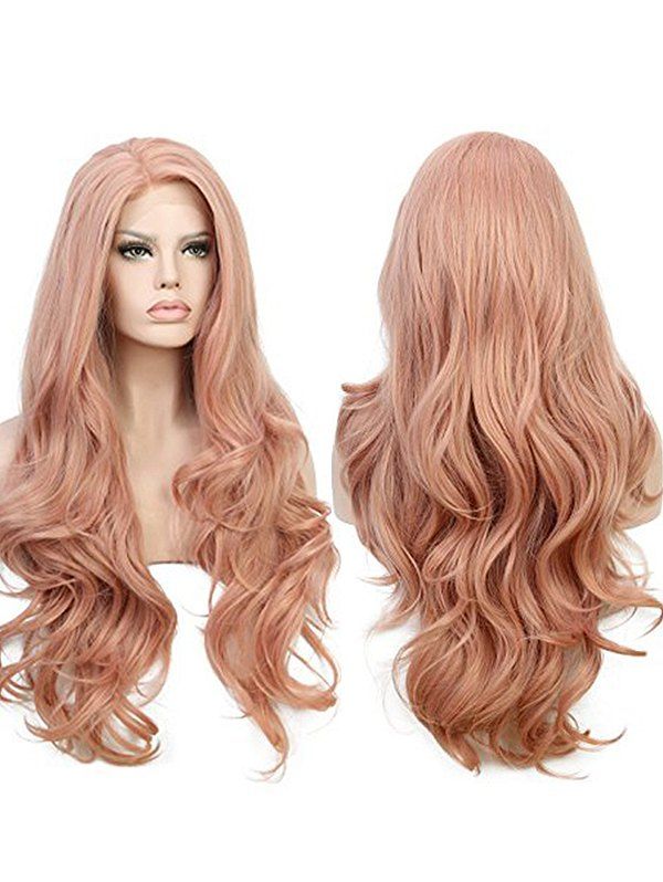 

Long Side Parting Wavy Lace Front Party Synthetic Wig, Light pink