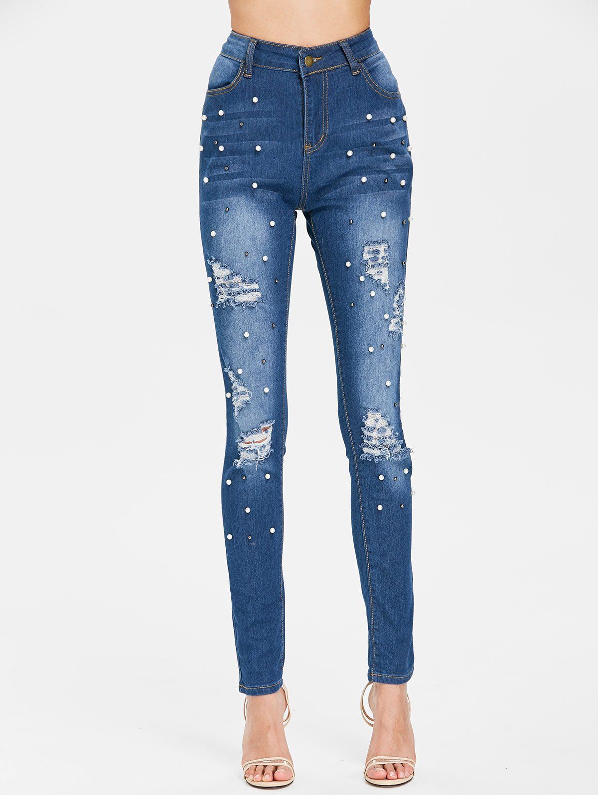 

Beaded High Waisted Ripped Jeans, Jeans blue