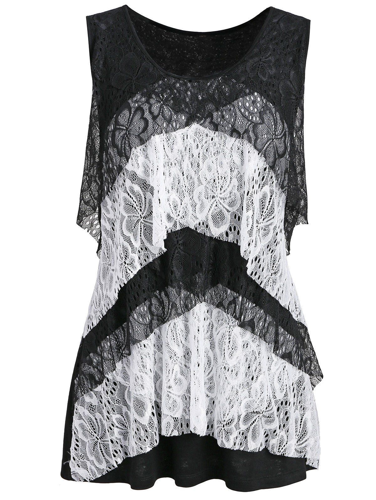 

Layered Lace Panel U Neck Tank Top, Black