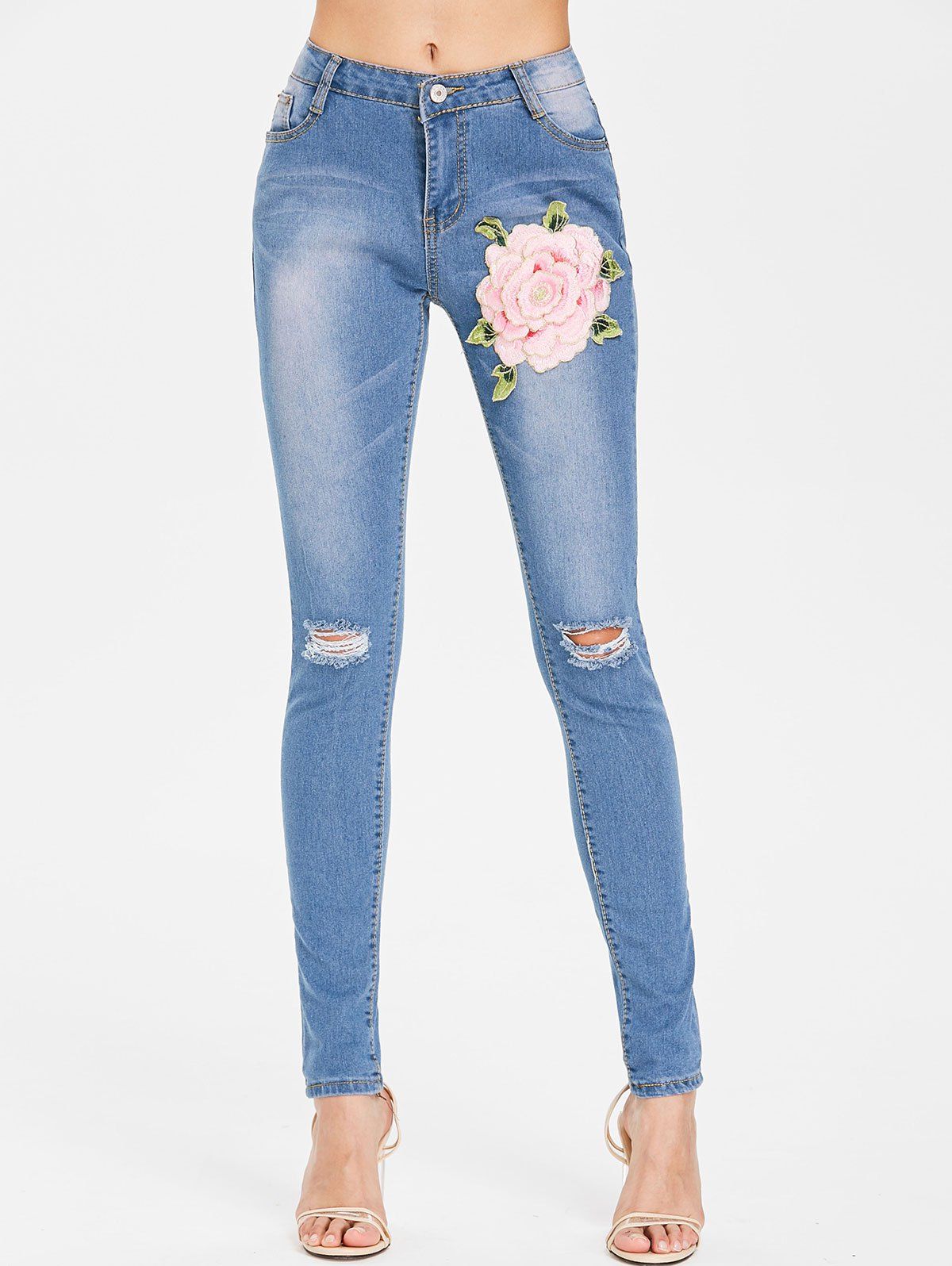 [35% OFF] Floral Embroidery Ripped Jeans | Rosegal