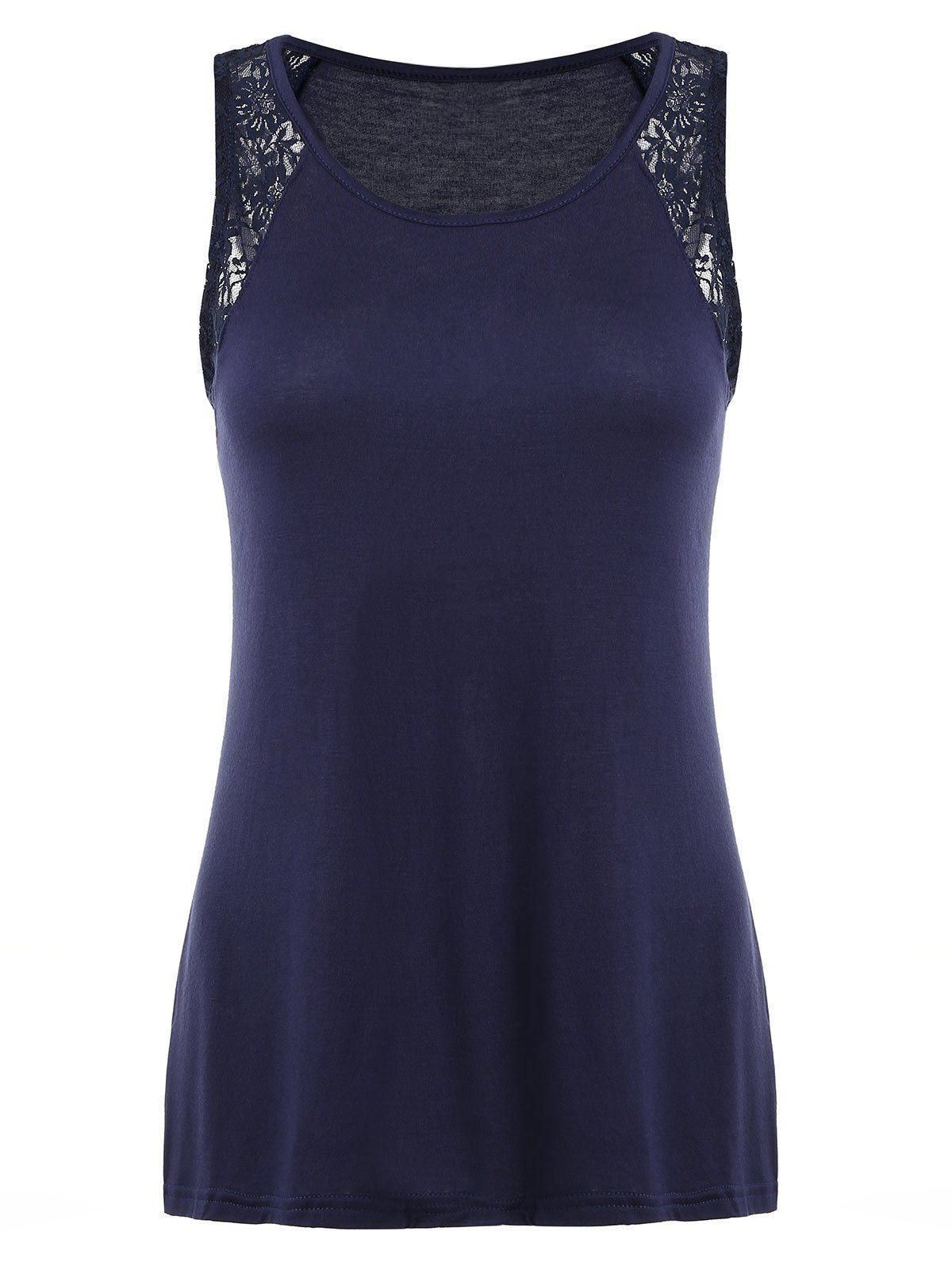 

Lace Insert Round Neck Tank Top, Denim dark blue