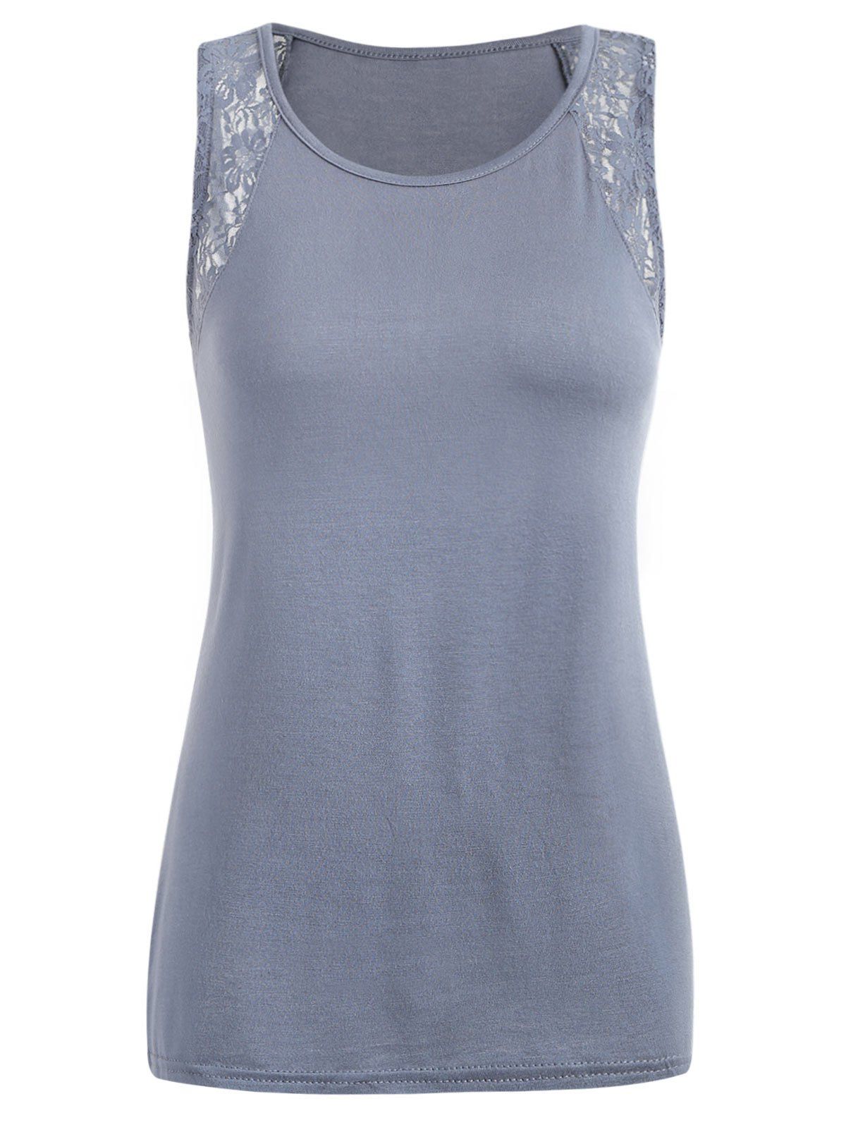 

Lace Insert Round Neck Tank Top, Gray