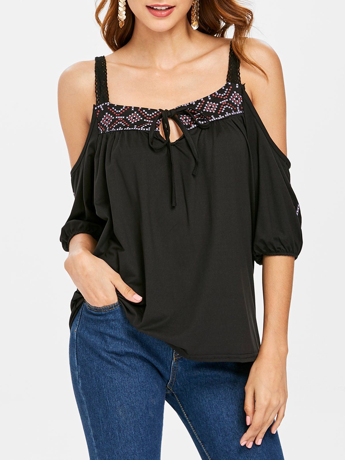 

Printed Open Shoulder T-shirt, Black