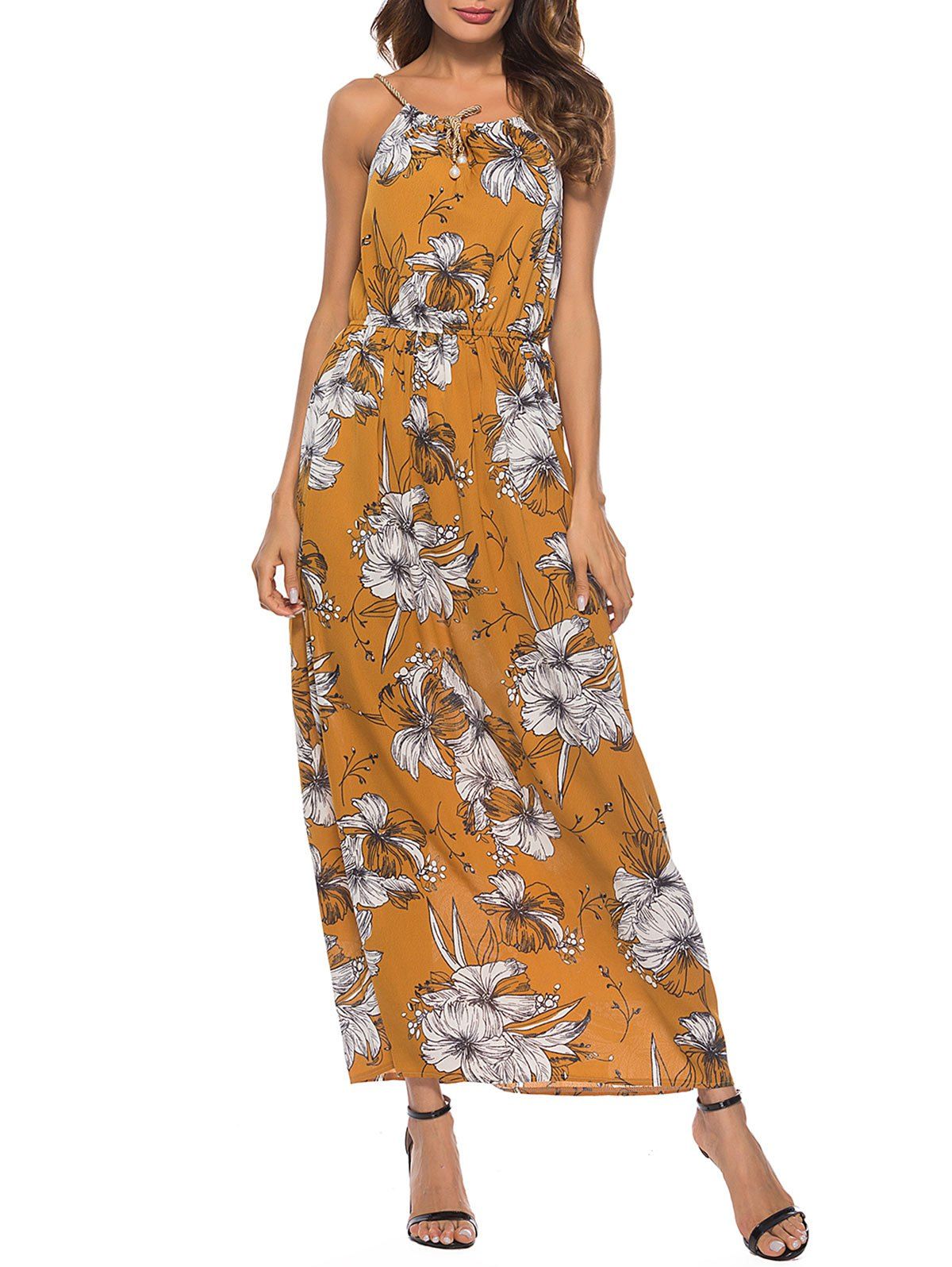 

Spaghetti Strap Floral Print Maxi Dress, School bus yellow