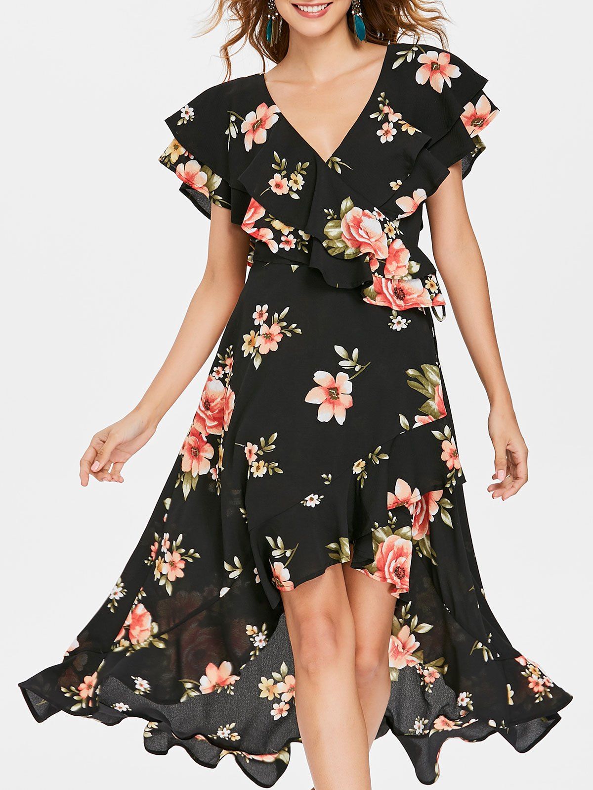 

Floral Flounced Dress, Black
