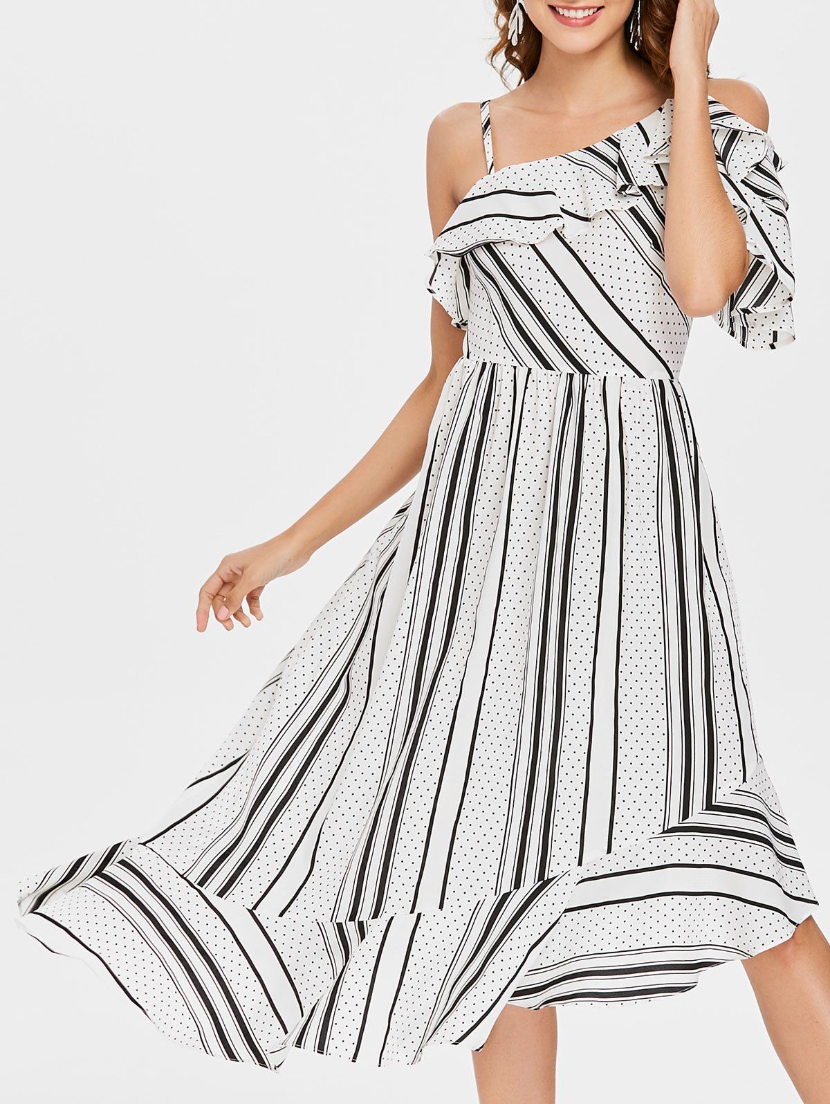

Striped Polka Dot Asymmetric Ruffle Dress, White