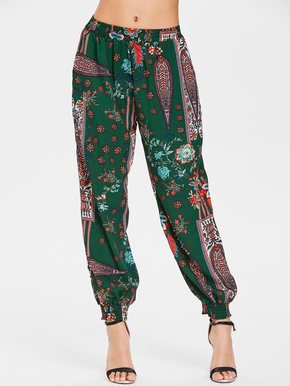 

High Waist Tribal Print Pants, Medium forest green