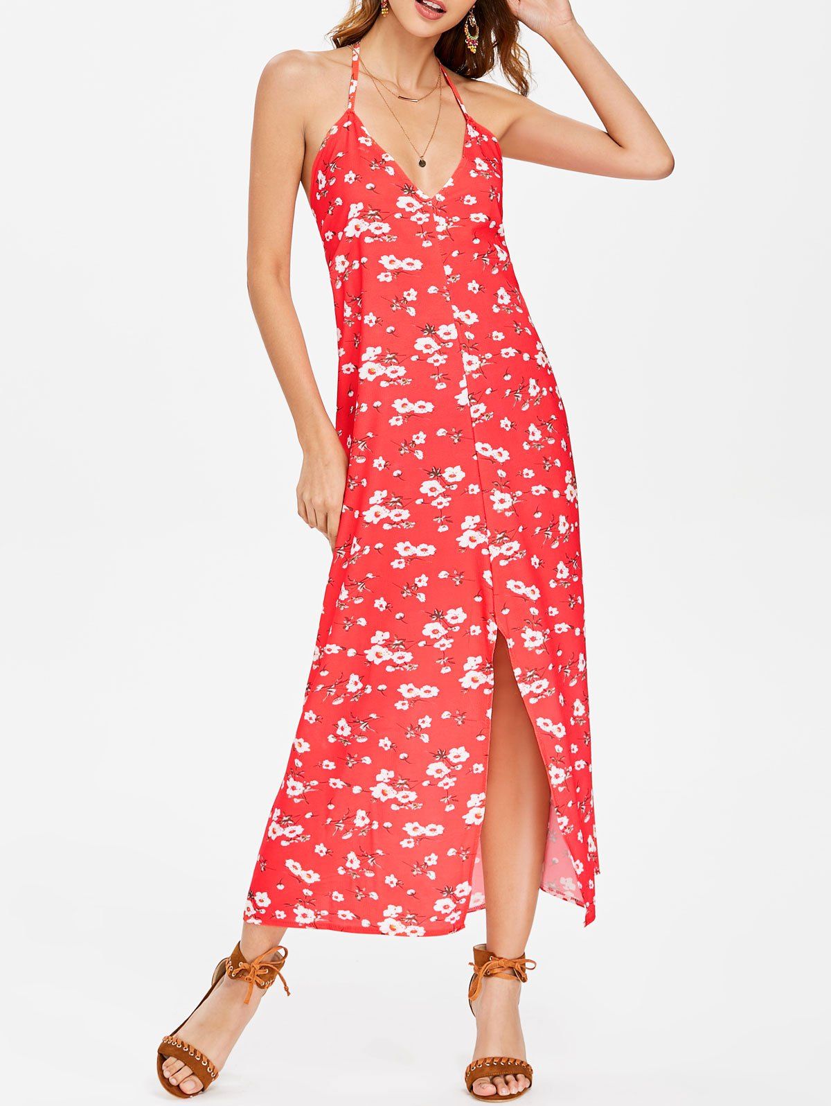 floral print backless maxi dress