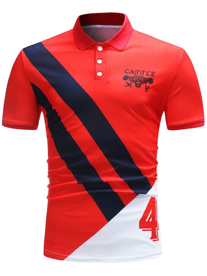 

Three-button Placket Oblique Stripe Print Polo Shirt, Red