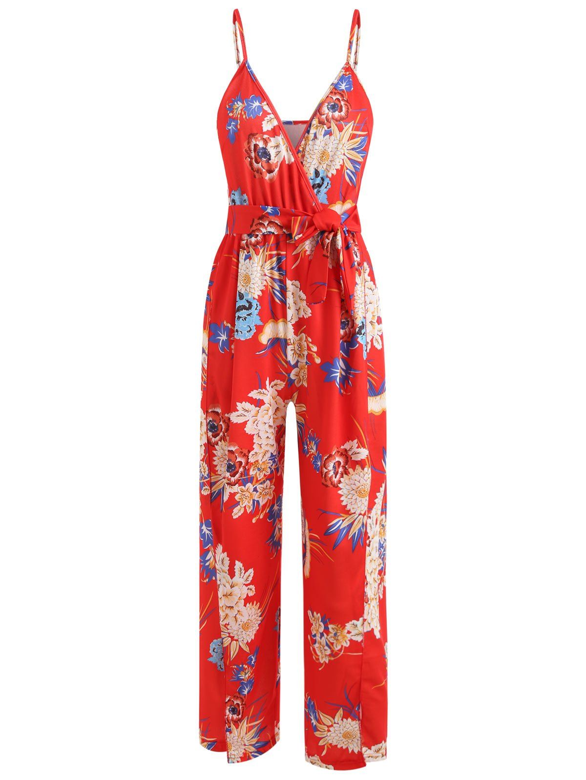 

Floral Slit Wrap Wide Leg Jumpsuit, Lava red