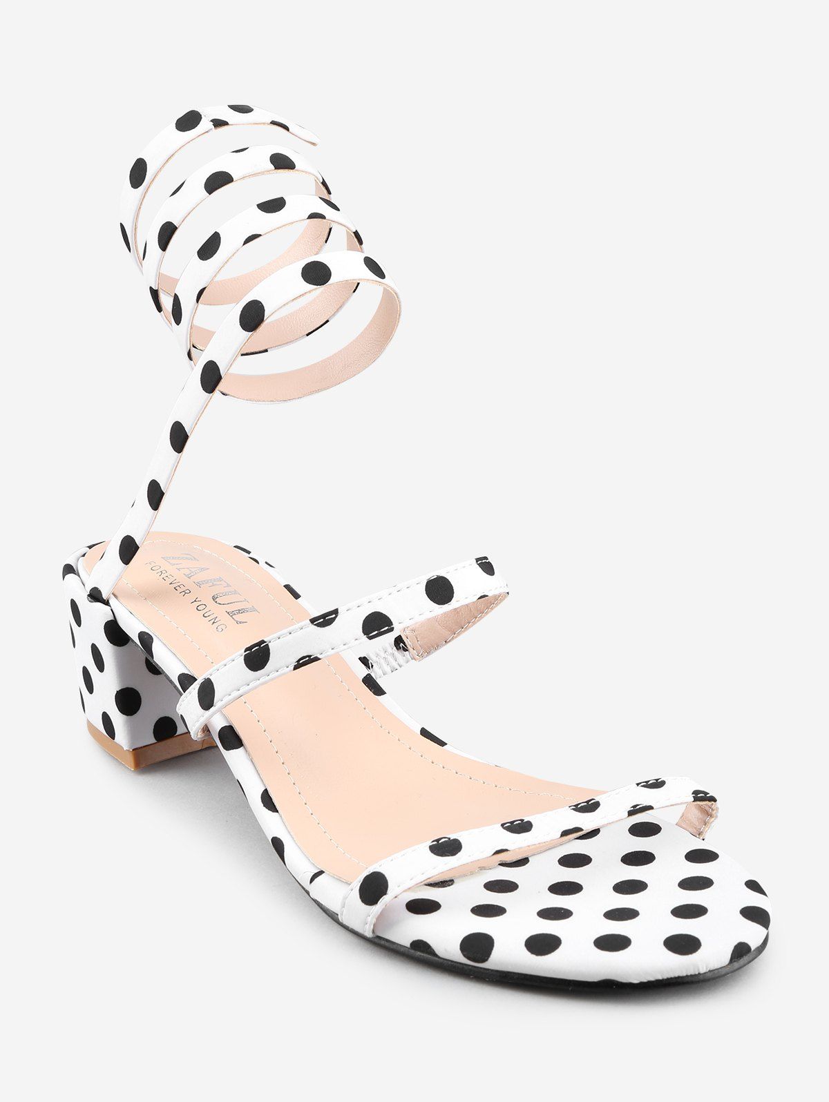 

Polka Dot Ankle Strap Block Heel Sandals, White