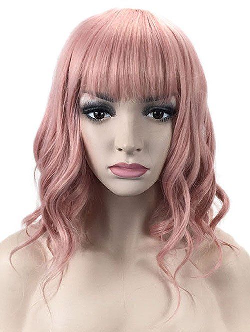 

Medium Neat Bang Wavy Lolita Party Synthetic Wig, Orange pink