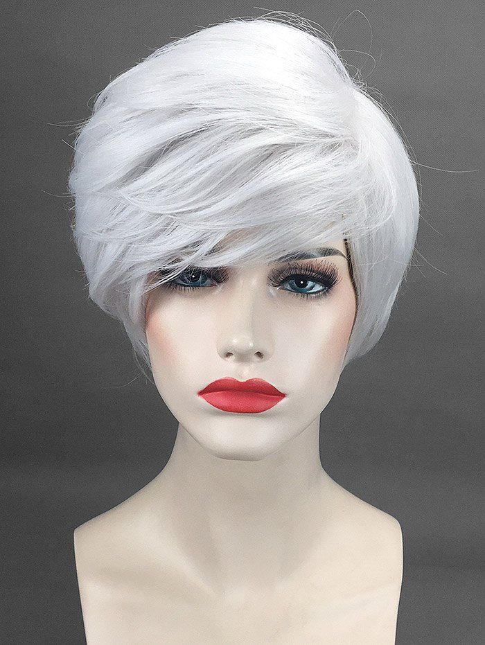 

Short Oblique Bang Straight Cosplay Synthetic Wig, White