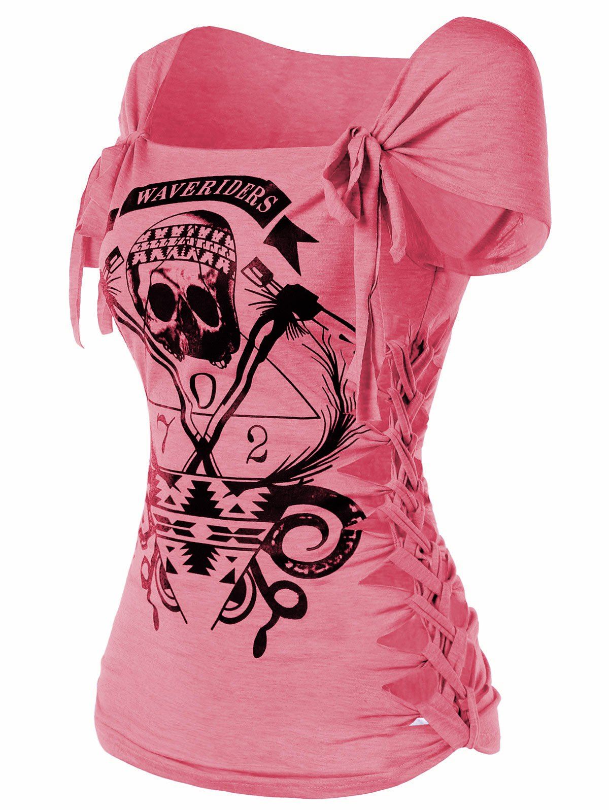 

Braided Shredding Skull Print Graphic Tee, Light pink