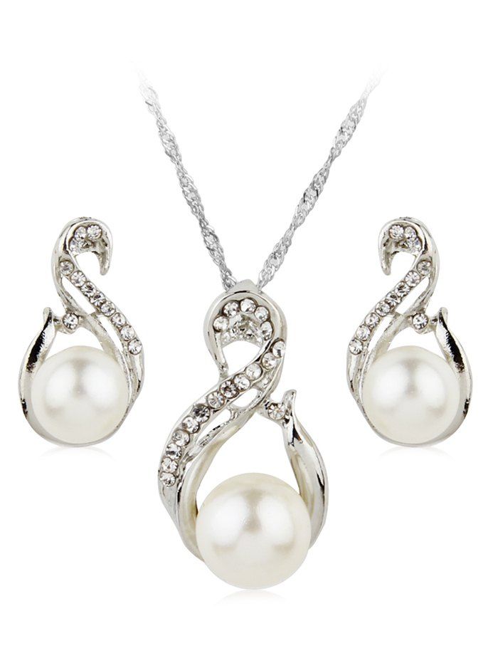 

Rhinestone Inlaid Faux Pearl Decorative Wedding Jewelry Suit, Silver