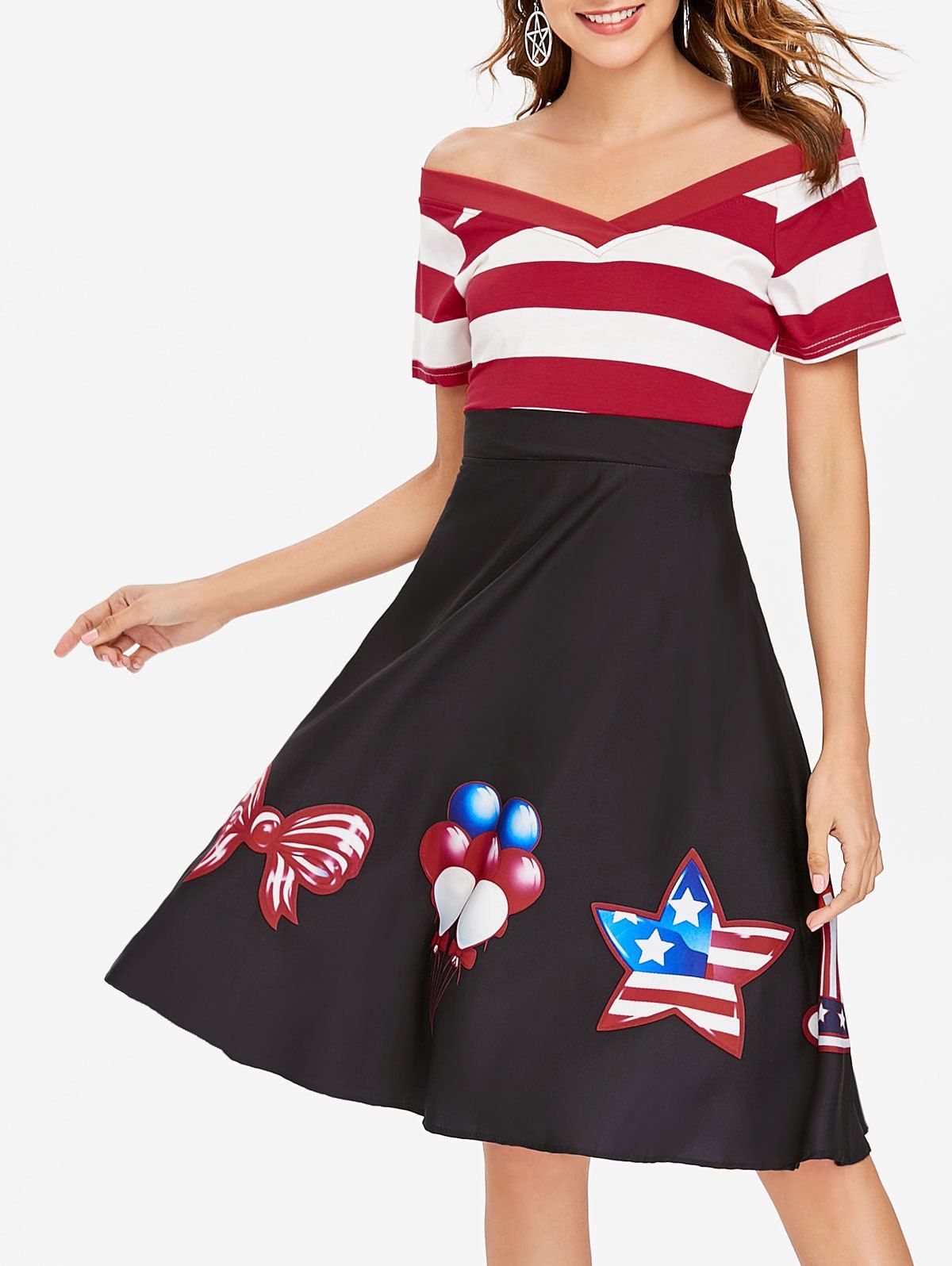 

Vintage High Waisted Stripe Printed Dress, Black