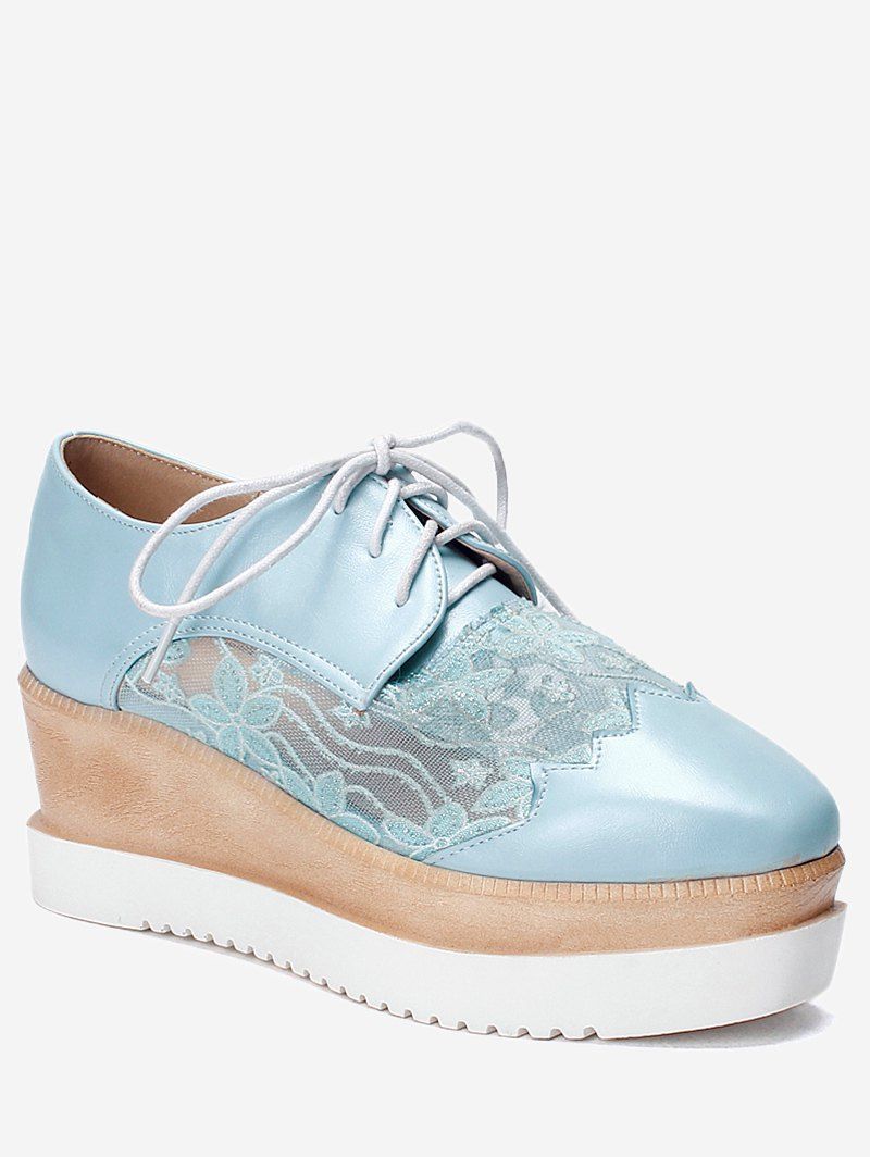 

Plus Size Scallop Lace Up Wedge Shoes, Day sky blue