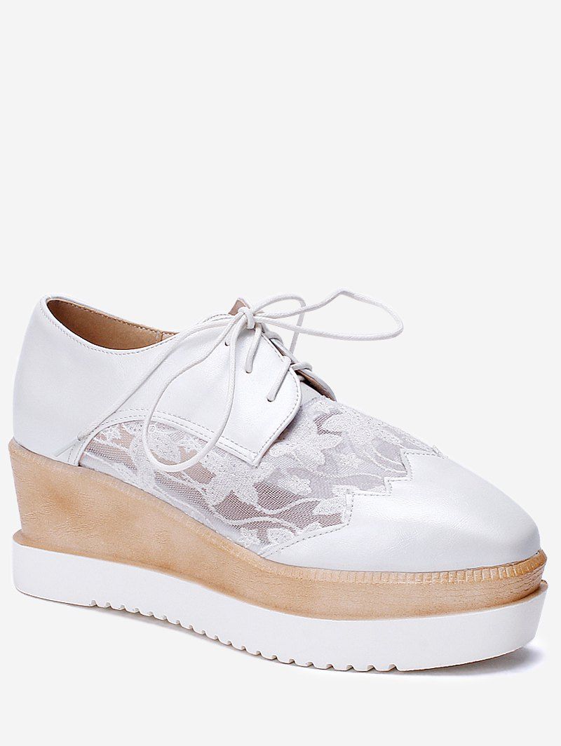 

Plus Size Scallop Lace Up Wedge Shoes, White