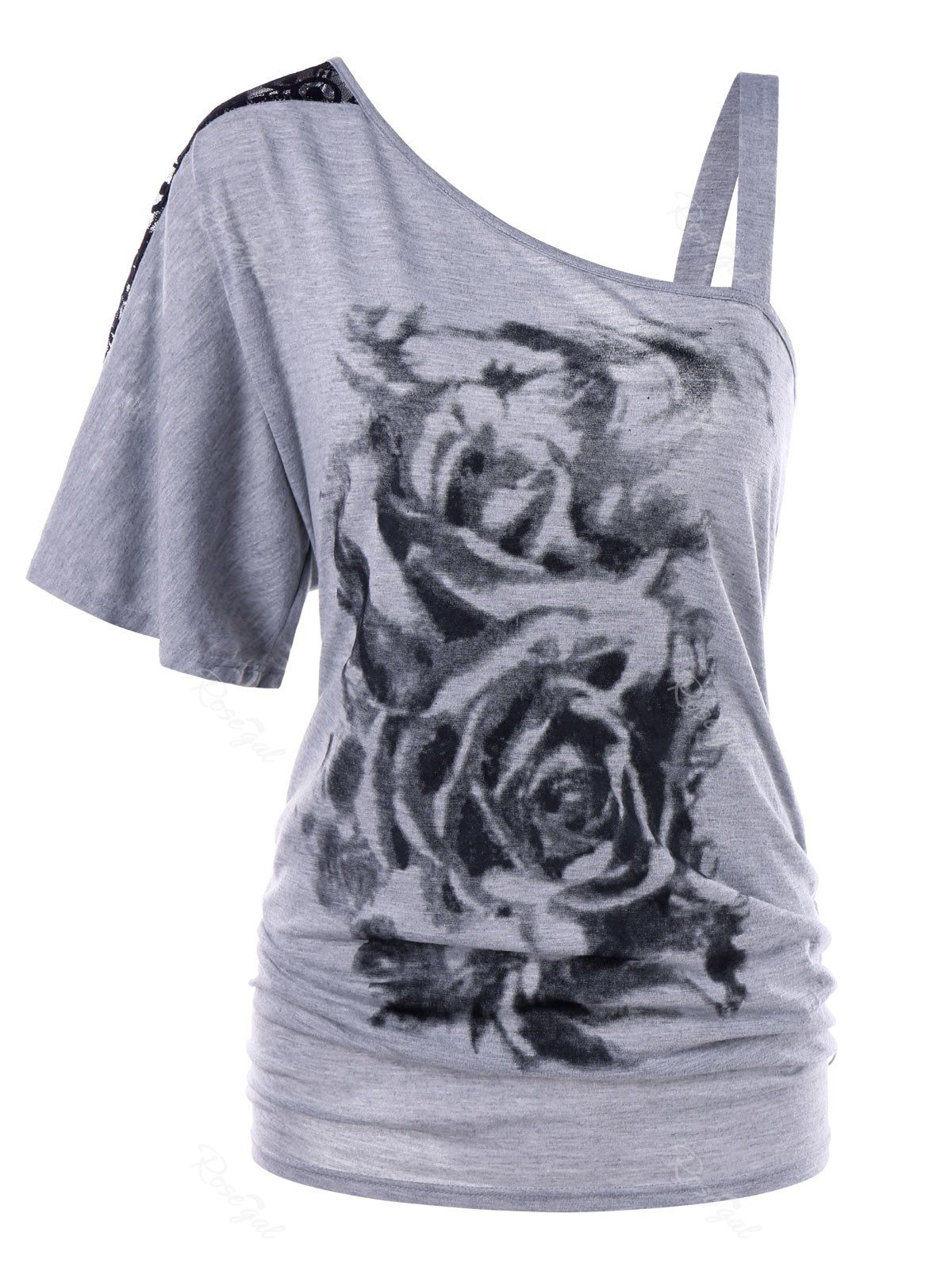 

Plus Size Floral Skew Collar T-shirt, Light gray