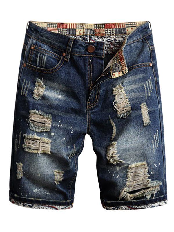 

Ripped Printed Panel Zipper Fly Jean Shorts, Denim dark blue