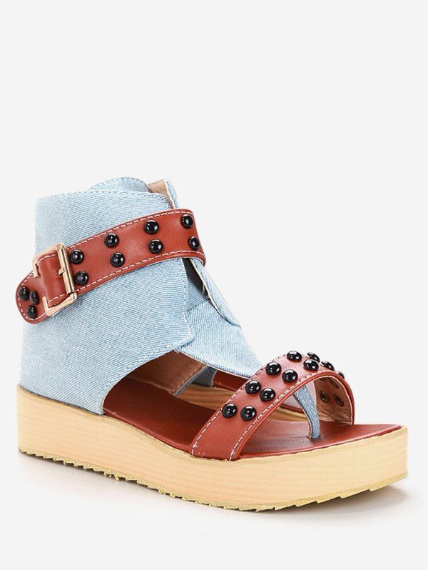 

Plus Size Ankle Strap Studs Buckled Thong Sandals, Light blue