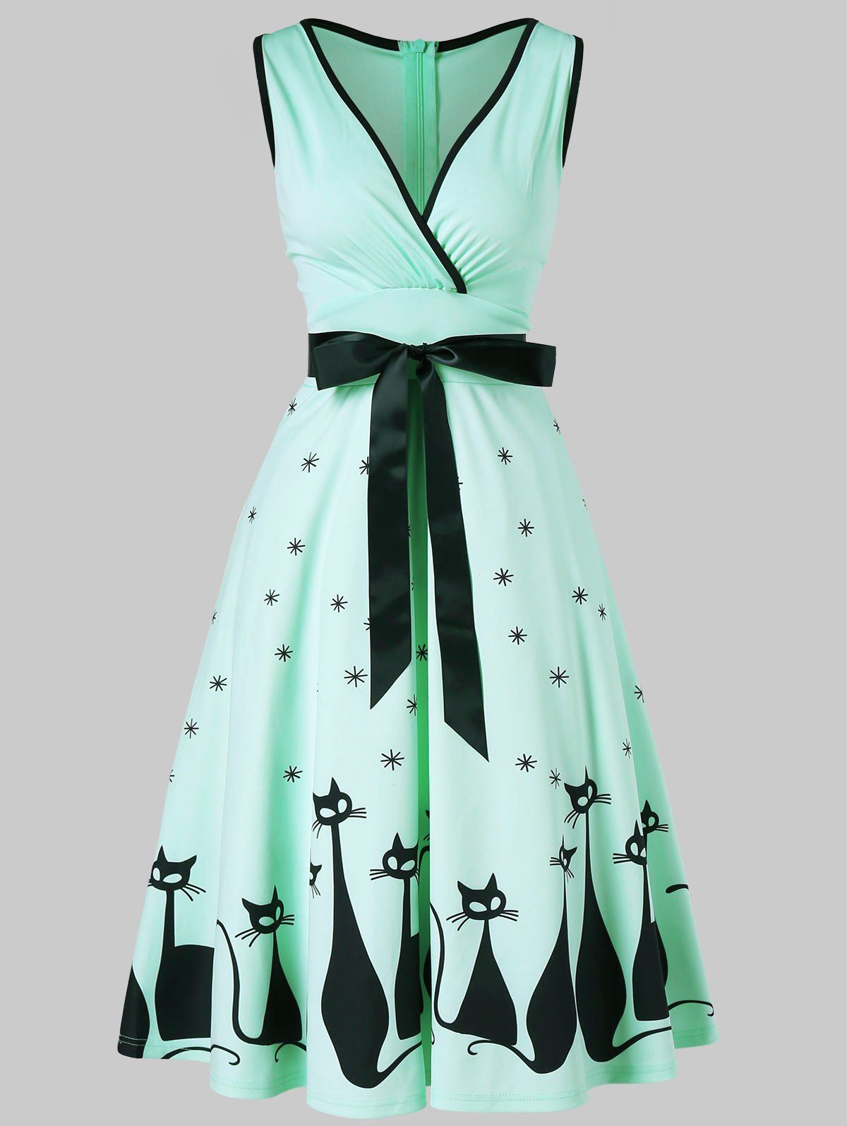 

V Neck Cat Print Midi Surplice Dress, Green