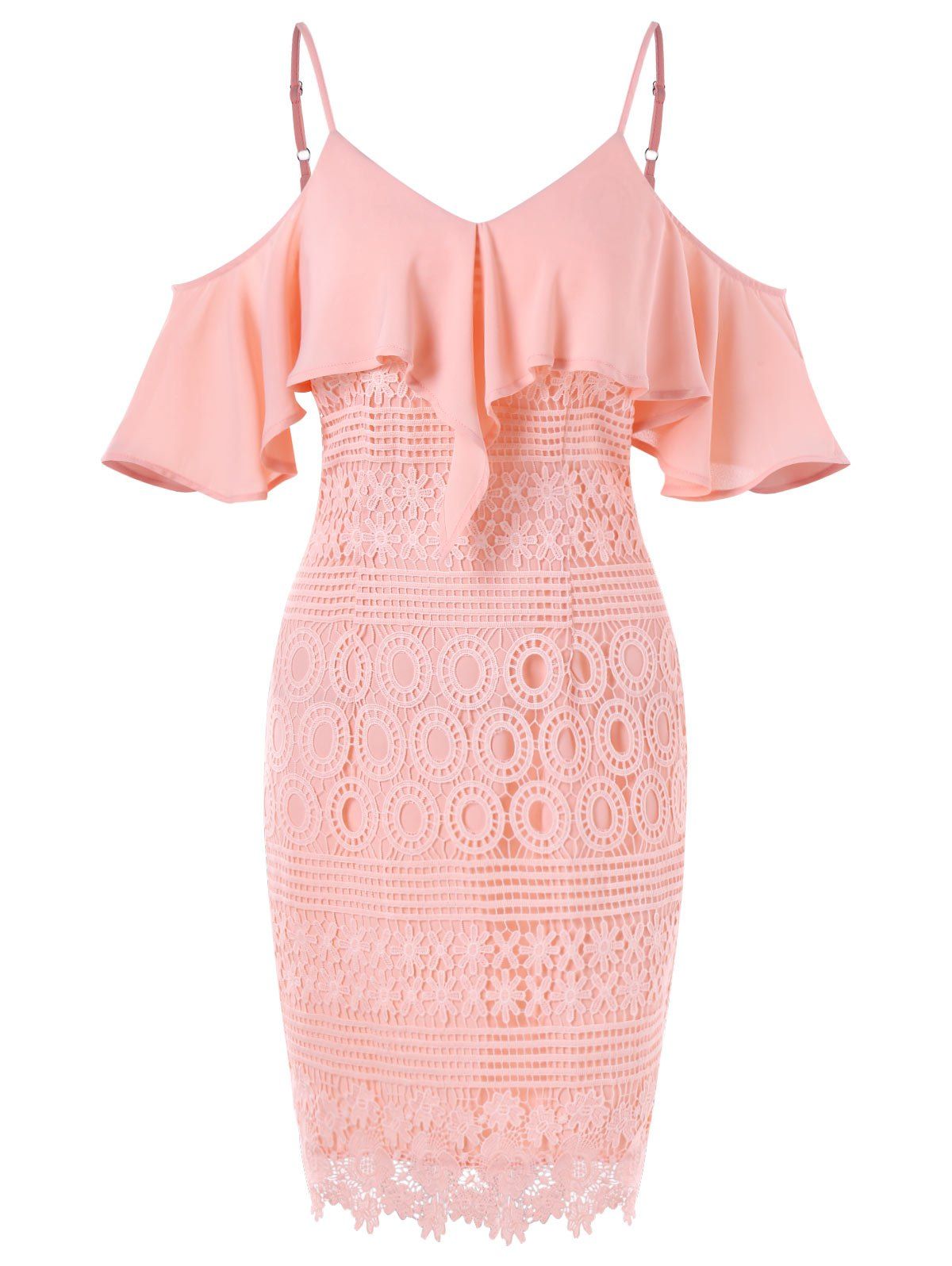 

Open Shoulder Ruffled Lace Dress, Light pink