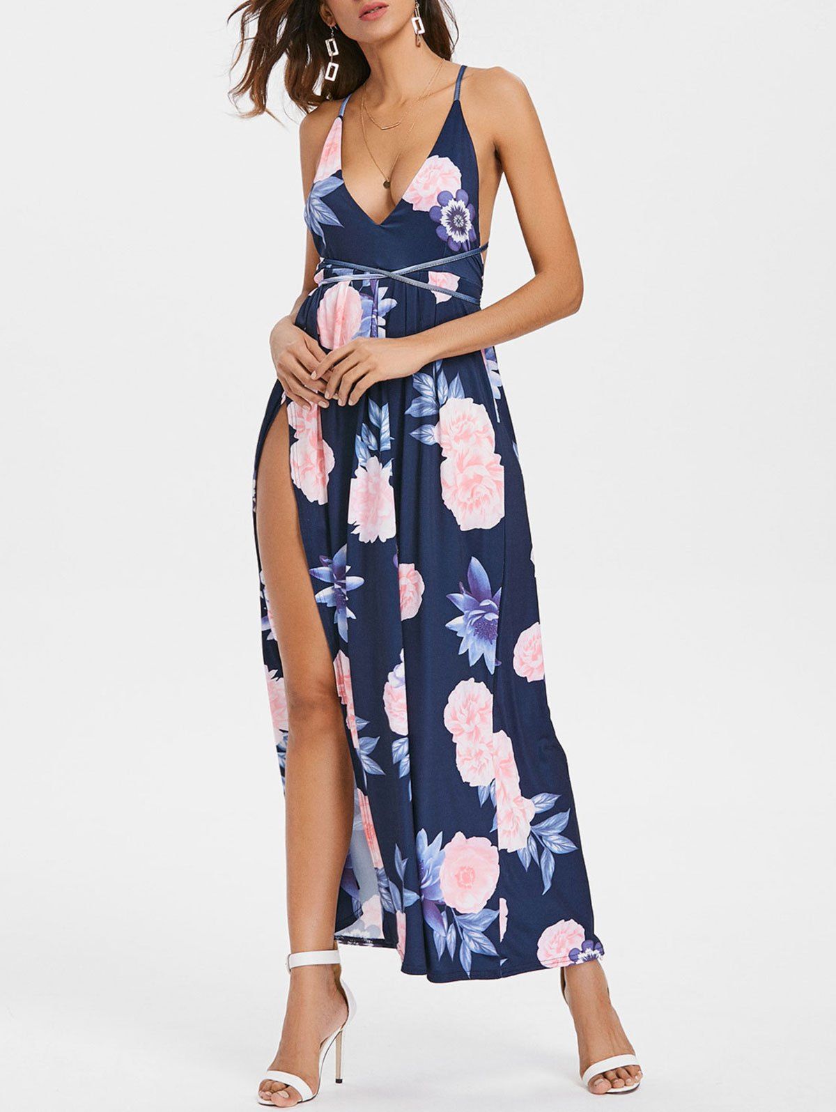 

High Split Backless Floral Plunge Maxi Dress, Midnight blue