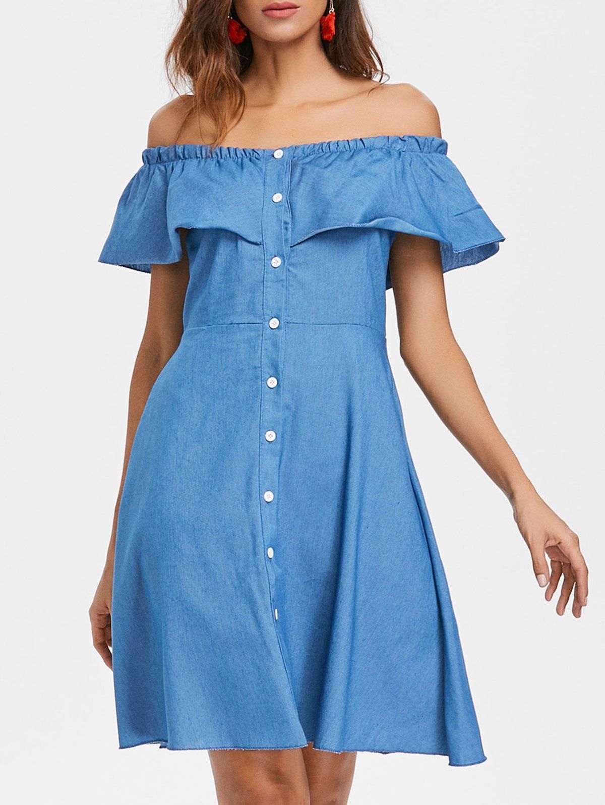 

Off The Shoulder Ruffle Denim Dress, Denim blue