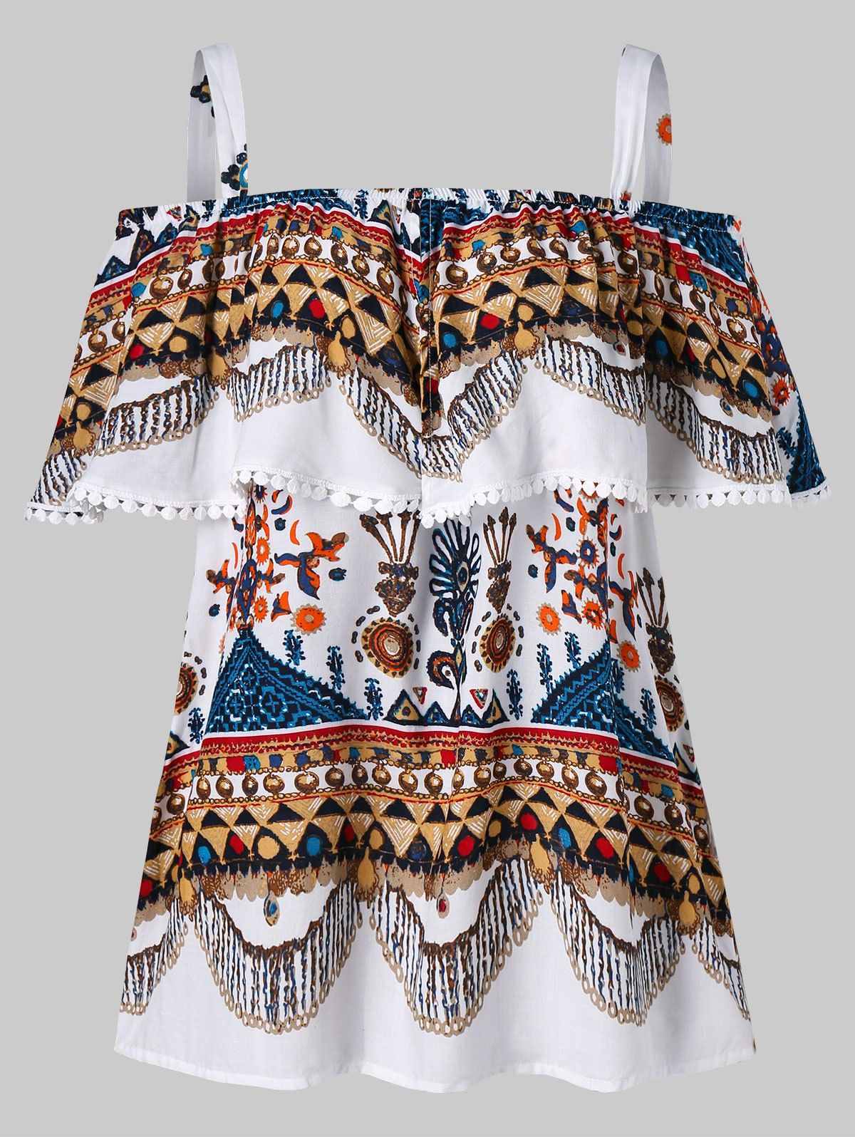 

Open Shoulder Ruffle Tribal Print Blouse, White