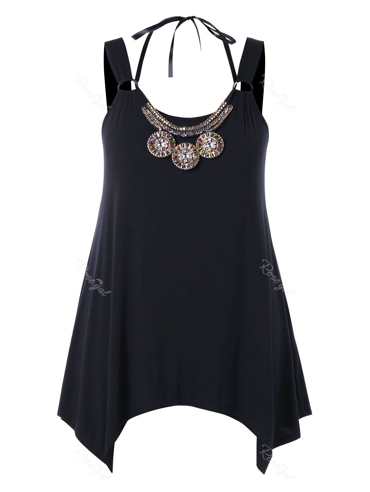 

Plus Size Glittery Embellished Handkerchief Tank Top, Black