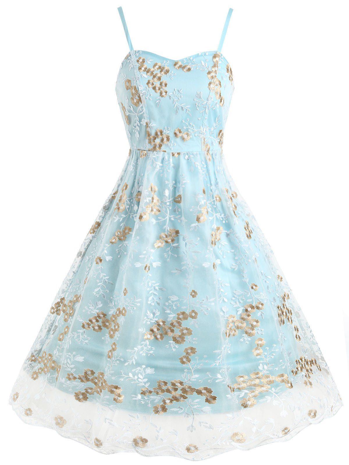 

Floral Embroidered Mesh Panel Swing Dress, Light blue