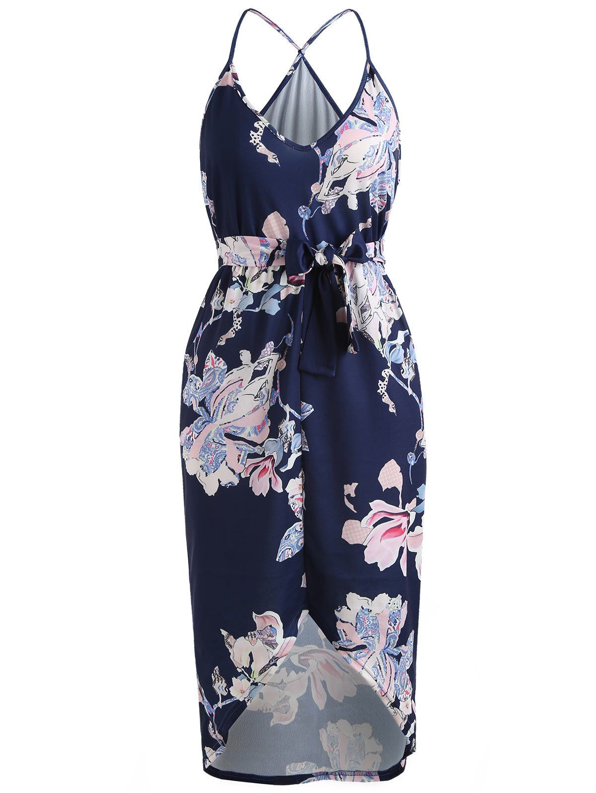 

Floral Print High Low Midi Dress with Pocket, Navy blue