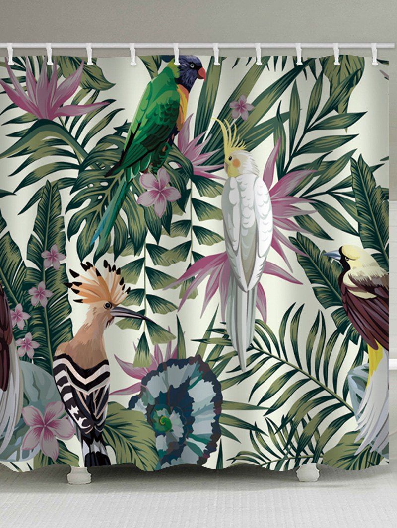 

Parrot Flower Leaf Printed Waterproof Bathroom Curtain, Macaw blue green