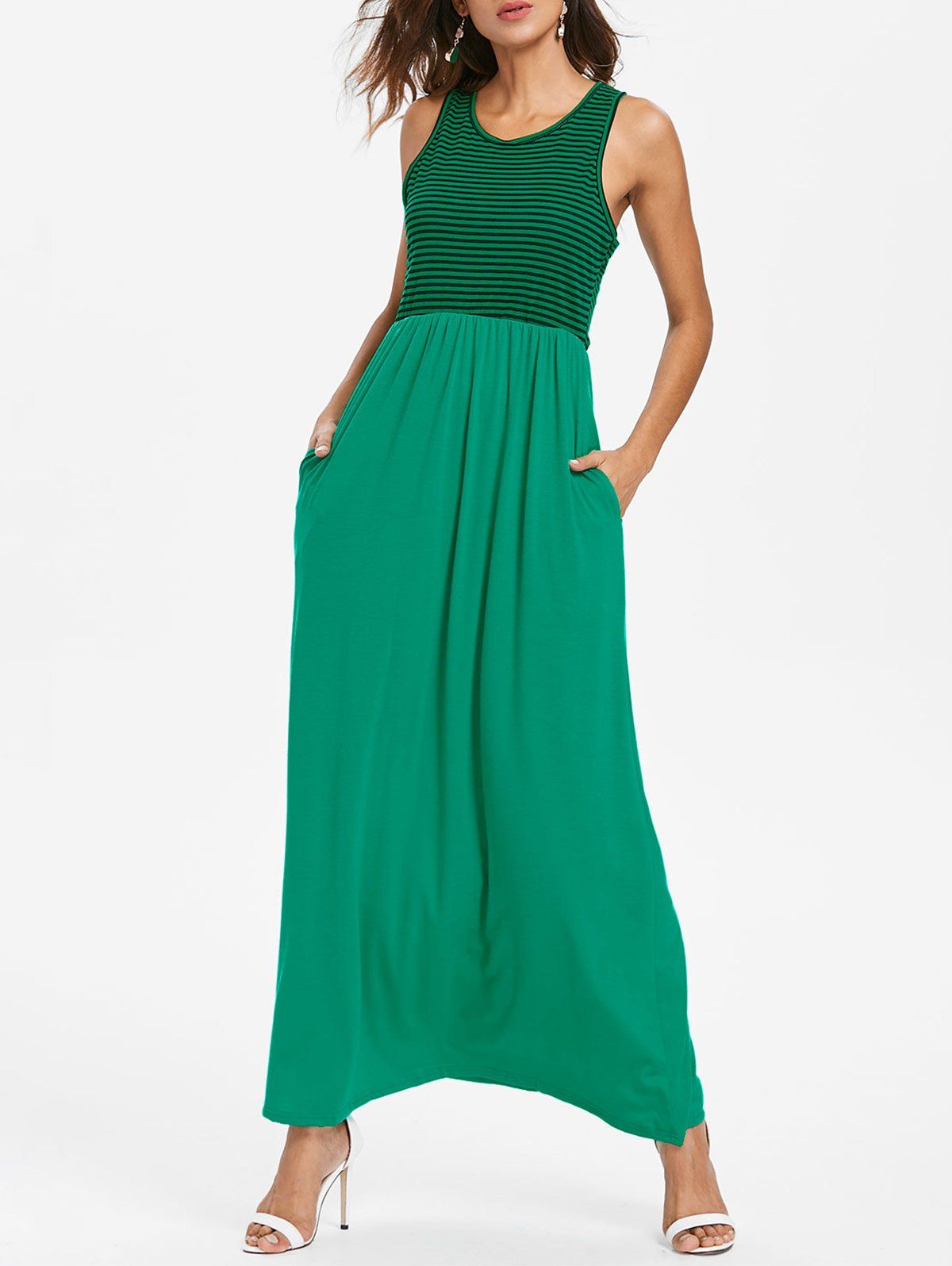 

Striped Panel Sleeveless Floor Length Dress, Clover green
