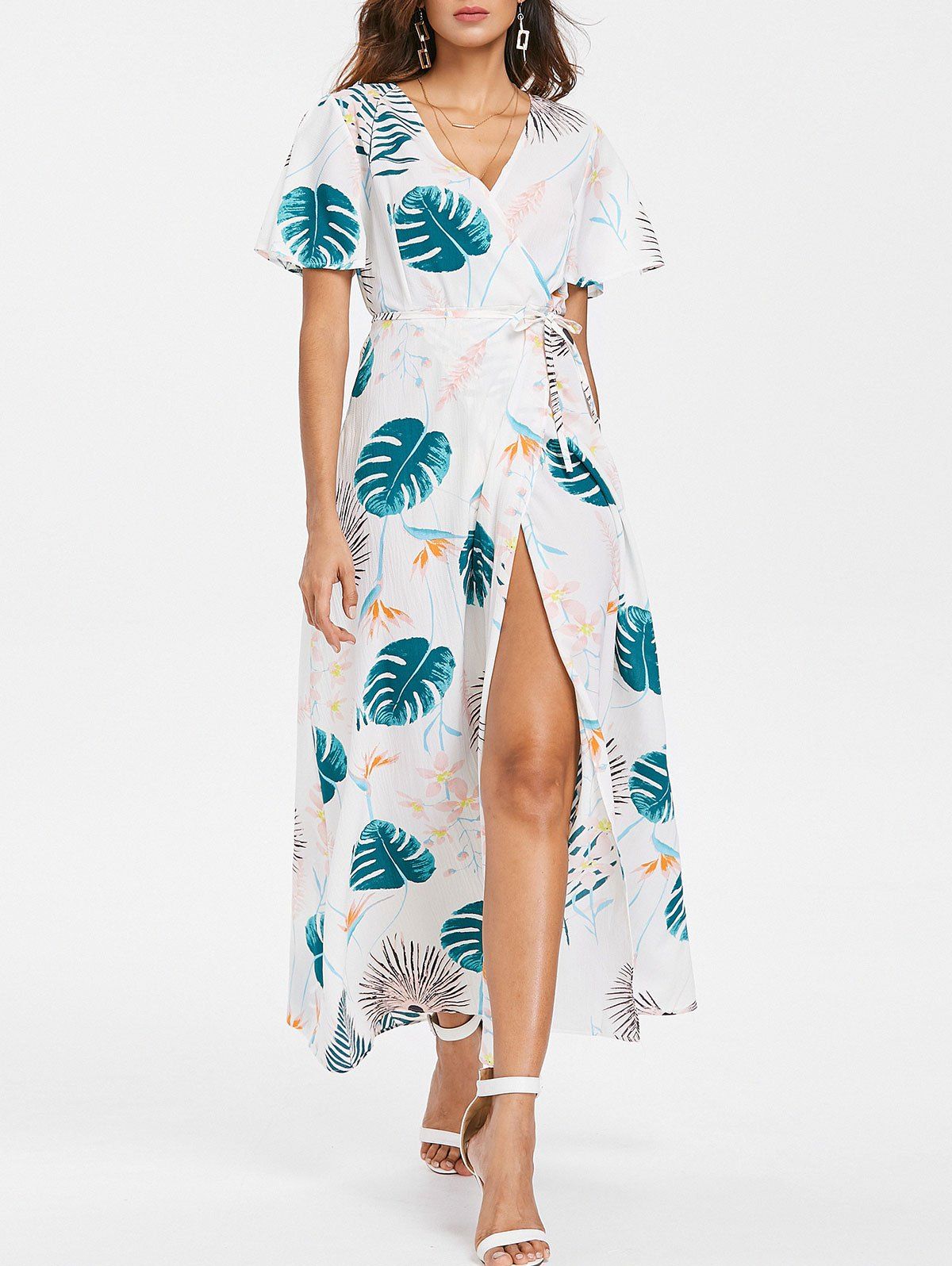 

Leaf Printed Slit Sleeve Maxi Dress, Multi