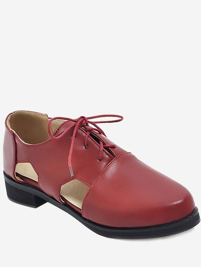 

Plus Size Hollow Out Lace Up Loafers, Red wine