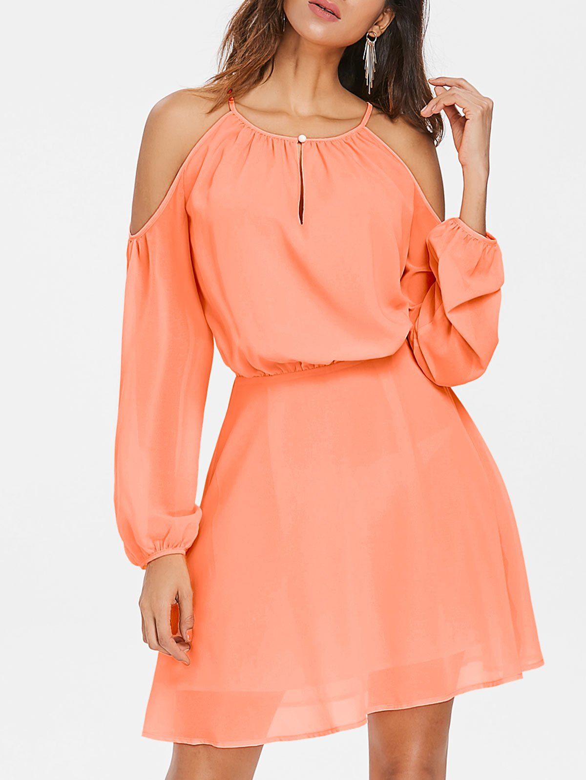 

Shoulder Cut Chiffon Blouson Dress, Orange pink