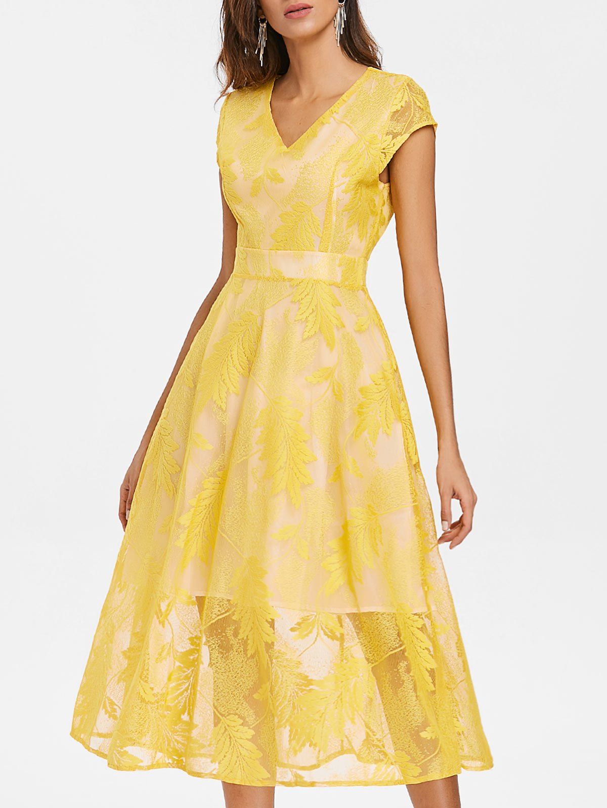 

Leaves Embroidery Midi Flared Dress, Rubber ducky yellow
