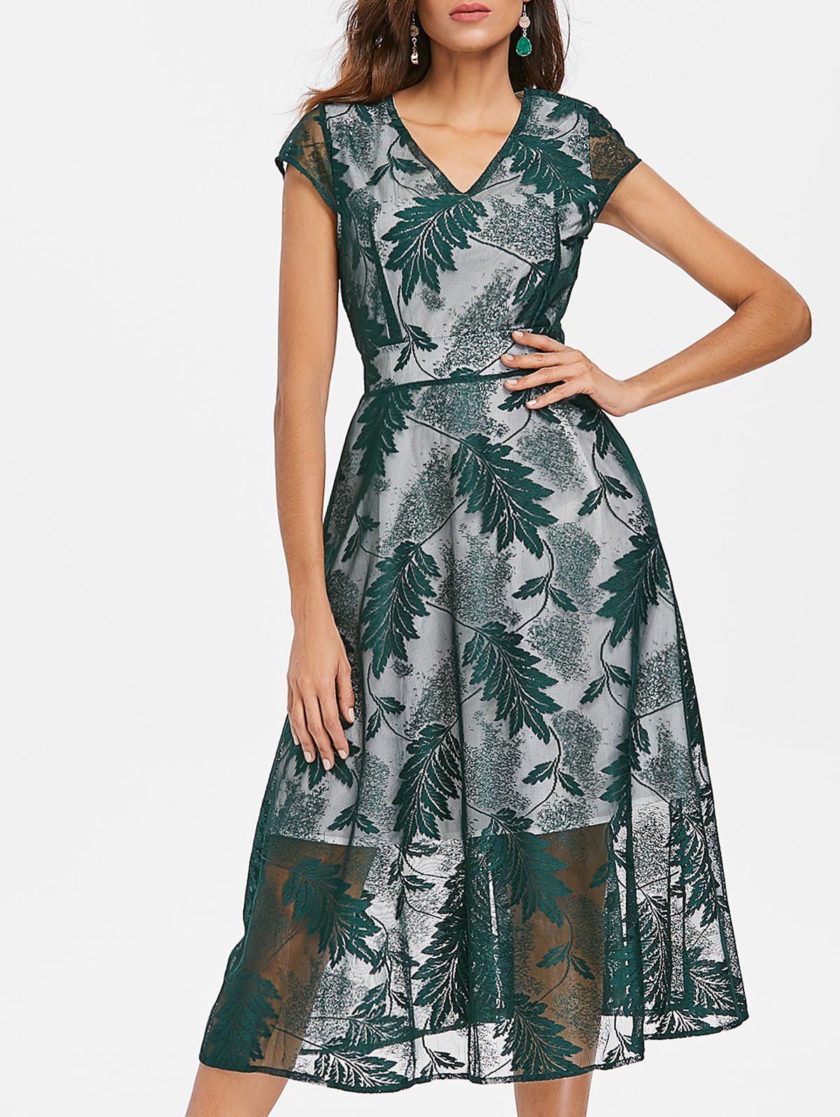 

Leaves Embroidery Midi Flared Dress, Beetle green
