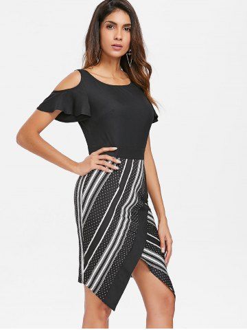 Listrado Dot Ruffle Aberto Ombro Envoltório Vestido