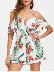 Cold Shoulder Floral Leaf Print Romper -  