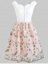 Foral Embroidery High Waist Sleeveless Flare Dress -  